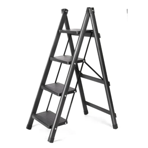 4-step folding ladder, portable step ladder, anti-slip wide pedals, carbon steel ladder, space-saving ladder, no assembly ladder, home step ladder, kitchen step stool, office ladder, durable folding ladder, compact step ladder, lightweight step ladder, folding ladder for home, safe step ladder, black powder-coated ladder.