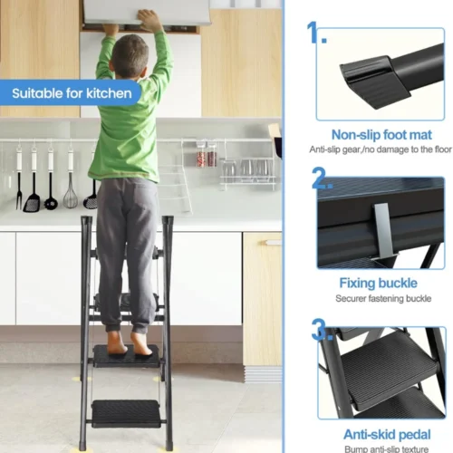 4-step folding ladder, portable step ladder, anti-slip wide pedals, carbon steel ladder, space-saving ladder, no assembly ladder, home step ladder, kitchen step stool, office ladder, durable folding ladder, compact step ladder, lightweight step ladder, folding ladder for home, safe step ladder, black powder-coated ladder.