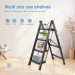 4-step folding ladder, portable step ladder, anti-slip wide pedals, carbon steel ladder, space-saving ladder, no assembly ladder, home step ladder, kitchen step stool, office ladder, durable folding ladder, compact step ladder, lightweight step ladder, folding ladder for home, safe step ladder, black powder-coated ladder.