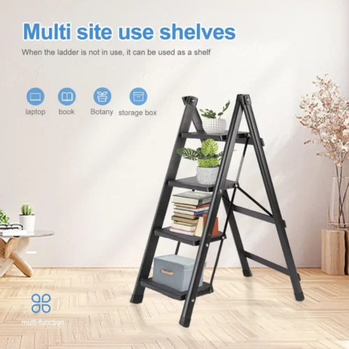 4-step folding ladder, portable step ladder, anti-slip wide pedals, carbon steel ladder, space-saving ladder, no assembly ladder, home step ladder, kitchen step stool, office ladder, durable folding ladder, compact step ladder, lightweight step ladder, folding ladder for home, safe step ladder, black powder-coated ladder.