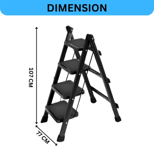 4-step folding ladder, portable step ladder, anti-slip wide pedals, carbon steel ladder, space-saving ladder, no assembly ladder, home step ladder, kitchen step stool, office ladder, durable folding ladder, compact step ladder, lightweight step ladder, folding ladder for home, safe step ladder, black powder-coated ladder.