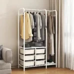 CLOTHES STORAGE STAND WITH PLASTIC DRAWERS & ROTATABLE WHEELS – DURABLE CARBON STEEL FRAME