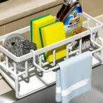 KITCHEN SINK SPONGE AND DISH CLOTH ORGANIZER, BRUSH AND SOAP DRAINING RACK, WITH STYLISH DRAIN TRAY