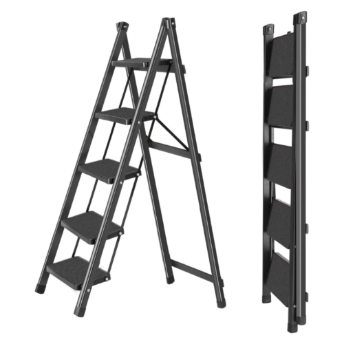 5-step folding ladder, portable step ladder, anti-slip wide pedals, carbon steel ladder, space-saving ladder, no assembly ladder, home step ladder, kitchen step stool, office ladder, durable folding ladder, compact step ladder, lightweight step ladder, folding ladder for home, safe step ladder, black powder-coated ladder.