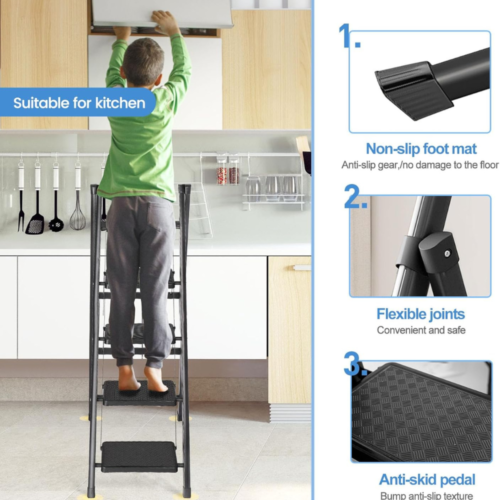 5-step folding ladder, portable step ladder, anti-slip wide pedals, carbon steel ladder, space-saving ladder, no assembly ladder, home step ladder, kitchen step stool, office ladder, durable folding ladder, compact step ladder, lightweight step ladder, folding ladder for home, safe step ladder, black powder-coated ladder.