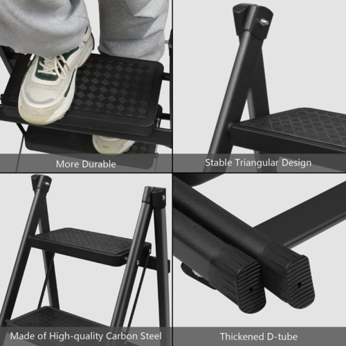 5-step folding ladder, portable step ladder, anti-slip wide pedals, carbon steel ladder, space-saving ladder, no assembly ladder, home step ladder, kitchen step stool, office ladder, durable folding ladder, compact step ladder, lightweight step ladder, folding ladder for home, safe step ladder, black powder-coated ladder.