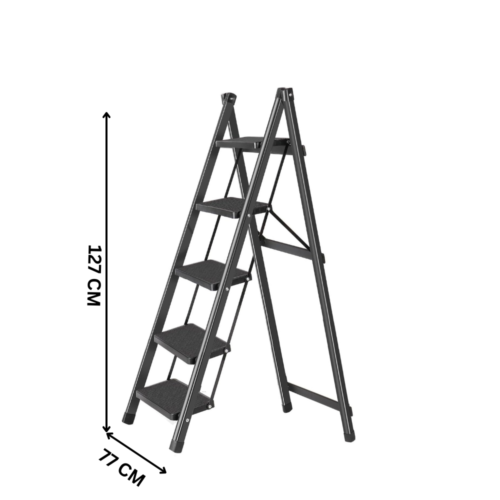 5-step folding ladder, portable step ladder, anti-slip wide pedals, carbon steel ladder, space-saving ladder, no assembly ladder, home step ladder, kitchen step stool, office ladder, durable folding ladder, compact step ladder, lightweight step ladder, folding ladder for home, safe step ladder, black powder-coated ladder.