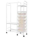 CLOTHES STORAGE STAND WITH PLASTIC DRAWERS & ROTATABLE WHEELS – PREMIUM CARBON STEEL, WHITE POWDER COATED ORGANIZER