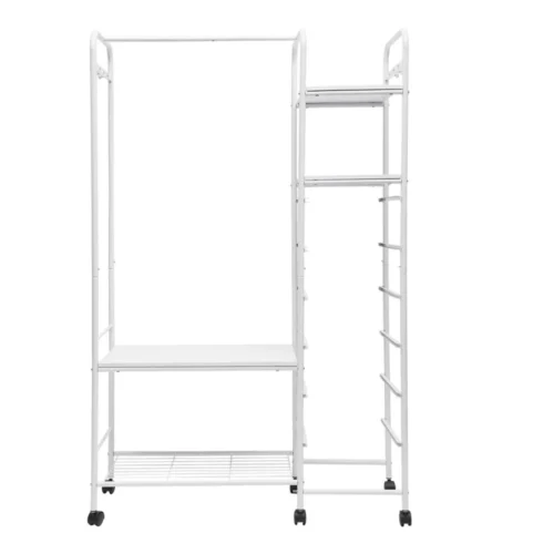 CLOTHES STORAGE STAND WITH PLASTIC DRAWERS & ROTATABLE WHEELS – PREMIUM CARBON STEEL, WHITE POWDER COATED ORGANIZER