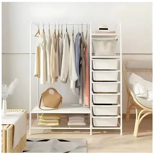 CLOTHES STORAGE STAND WITH PLASTIC DRAWERS & ROTATABLE WHEELS – PREMIUM CARBON STEEL, WHITE POWDER COATED ORGANIZER