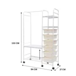 CLOTHES STORAGE STAND WITH PLASTIC DRAWERS & ROTATABLE WHEELS – PREMIUM CARBON STEEL, WHITE POWDER COATED ORGANIZER