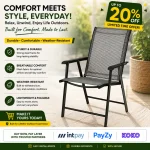 FOLDABLE CHAIR - BLACK, METAL FRAME WITH POWDER COATING, ANTI-SLIP FOOT PAD, STABLE TRIANGULAR FRAME, CURVED ARMRESTS