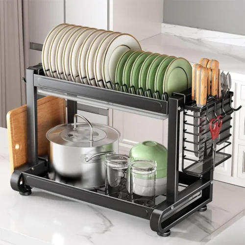 2-layer dish rack, countertop dish rack, plate rack, kitchen dish rack, carbon steel dish rack, black powder-coated dish rack, space-saving dish rack, rust-resistant dish rack, kitchen storage, countertop organizer, kitchenware organizer, durable dish rack, efficient drainage dish rack, modern dish rack, kitchen organization, kitchen countertop rack, plate storage, bowls and utensils rack, sleek dish rack, easy-to-clean dish rack, kitchenware storage.