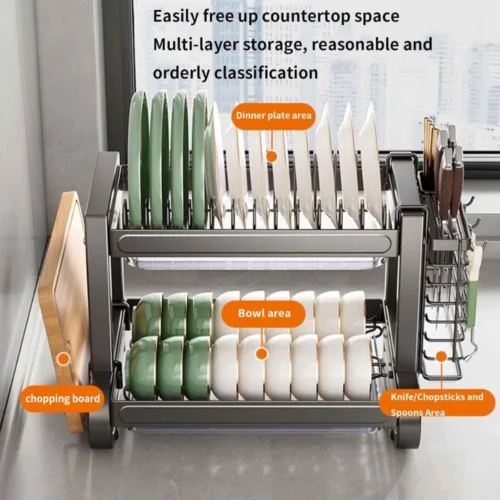 2-layer dish rack, countertop dish rack, plate rack, kitchen dish rack, carbon steel dish rack, black powder-coated dish rack, space-saving dish rack, rust-resistant dish rack, kitchen storage, countertop organizer, kitchenware organizer, durable dish rack, efficient drainage dish rack, modern dish rack, kitchen organization, kitchen countertop rack, plate storage, bowls and utensils rack, sleek dish rack, easy-to-clean dish rack, kitchenware storage.