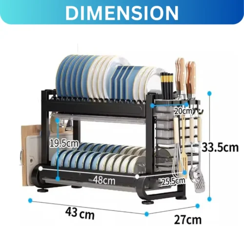 2-layer dish rack, countertop dish rack, plate rack, kitchen dish rack, carbon steel dish rack, black powder-coated dish rack, space-saving dish rack, rust-resistant dish rack, kitchen storage, countertop organizer, kitchenware organizer, durable dish rack, efficient drainage dish rack, modern dish rack, kitchen organization, kitchen countertop rack, plate storage, bowls and utensils rack, sleek dish rack, easy-to-clean dish rack, kitchenware storage.