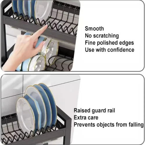 2-layer dish rack, countertop dish rack, plate rack, kitchen dish rack, carbon steel dish rack, black powder-coated dish rack, space-saving dish rack, rust-resistant dish rack, kitchen storage, countertop organizer, kitchenware organizer, durable dish rack, efficient drainage dish rack, modern dish rack, kitchen organization, kitchen countertop rack, plate storage, bowls and utensils rack, sleek dish rack, easy-to-clean dish rack, kitchenware storage.