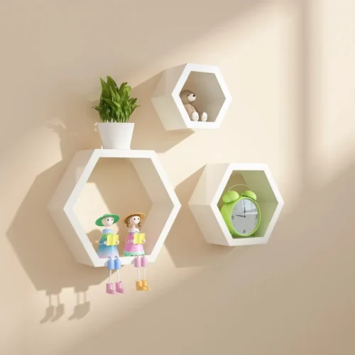 white floating shelves, hexagonal floating shelves, wall-mounted storage shelves, display shelves, modern wall decor, home office storage, wall shelves for living room, bedroom wall shelf, kitchen floating shelves, white hexagonal shelves, 3-piece floating shelf set, wall decor shelf, wooden wall shelves