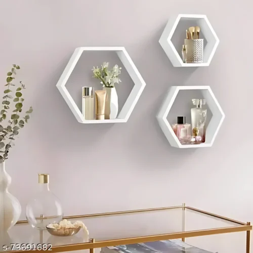 white floating shelves, hexagonal floating shelves, wall-mounted storage shelves, display shelves, modern wall decor, home office storage, wall shelves for living room, bedroom wall shelf, kitchen floating shelves, white hexagonal shelves, 3-piece floating shelf set, wall decor shelf, wooden wall shelves