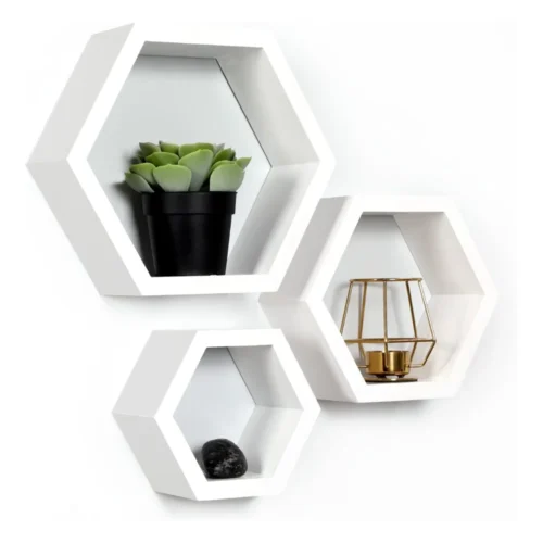 white floating shelves, hexagonal floating shelves, wall-mounted storage shelves, display shelves, modern wall decor, home office storage, wall shelves for living room, bedroom wall shelf, kitchen floating shelves, white hexagonal shelves, 3-piece floating shelf set, wall decor shelf, wooden wall shelves