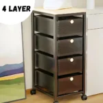 Black steel storage rack in Sri Lanka, 4-layer storage organizer in Colombo, metal drawer rack Sri Lanka, wooden top storage unit, black storage rack with wheels, best storage organizer in Colombo, multi-purpose steel rack Sri Lanka.