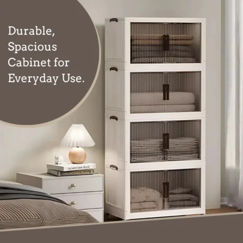 Storage cupboard in Sri Lanka, Durable storage cupboard, Foldable storage cabinet, Stackable cupboard, Spacious storage cupboard in Colombo, Home storage solutions in Sri Lanka, White and beige storage cupboard