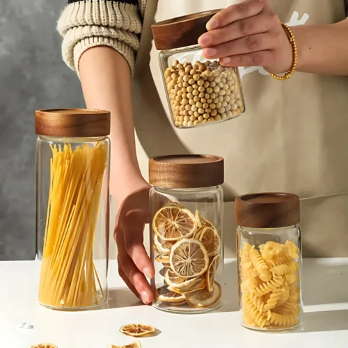 Glass food storage jar in Sri Lanka, premium quality thick glass jar in Colombo, airtight food container Sri Lanka, wooden screw-type lid jar, best kitchen storage jar Sri Lanka, pantry storage container Colombo, high-quality glass jar in Sri Lanka.