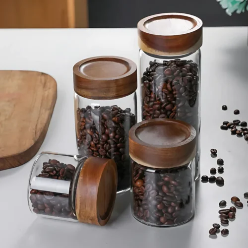 Glass food storage jar in Sri Lanka, premium quality thick glass jar in Colombo, airtight food container Sri Lanka, wooden screw-type lid jar, best kitchen storage jar Sri Lanka, pantry storage container Colombo, high-quality glass jar in Sri Lanka.