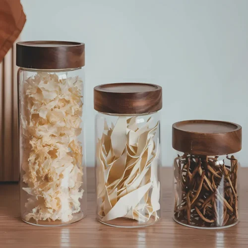 Glass food storage jar in Sri Lanka, premium quality thick glass jar in Colombo, airtight food container Sri Lanka, wooden screw-type lid jar, best kitchen storage jar Sri Lanka, pantry storage container Colombo, high-quality glass jar in Sri Lanka.