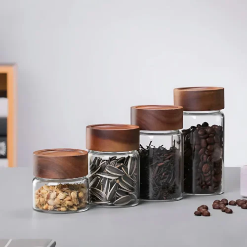 Glass food storage jar in Sri Lanka, premium quality thick glass jar in Colombo, airtight food container Sri Lanka, wooden screw-type lid jar, best kitchen storage jar Sri Lanka, pantry storage container Colombo, high-quality glass jar in Sri Lanka.