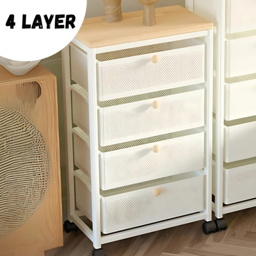 White wide steel storage rack in Sri Lanka, 4-layer storage organizer in Colombo, metal drawer rack Sri Lanka, wooden top storage unit, white storage rack with wheels, best storage organizer in Colombo, multi-purpose steel rack Sri Lanka.