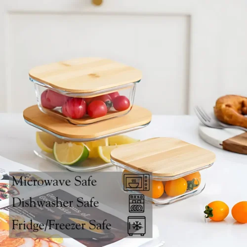 Bamboo Lid Glass Food Storage Container, Square Glass Container with Bamboo Lid, Airtight Food Storage, Leakproof Glass Container, Microwave Safe Glass Box, Bamboo Lid Storage Container in Colombo, Kitchen Storage in Sri Lanka