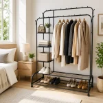 HEAVY-DUTY METAL GARMENT RACK WITH SHELVES AND DOUBLE HANGING RODS FOR CLOTHING STORAGE