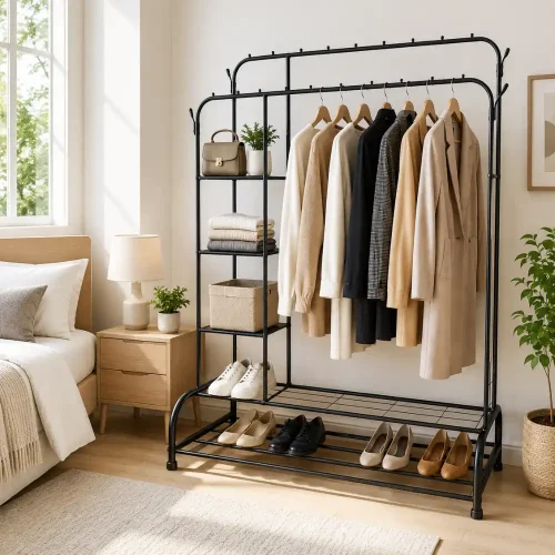 HEAVY-DUTY METAL GARMENT RACK WITH SHELVES AND DOUBLE HANGING RODS FOR CLOTHING STORAGE