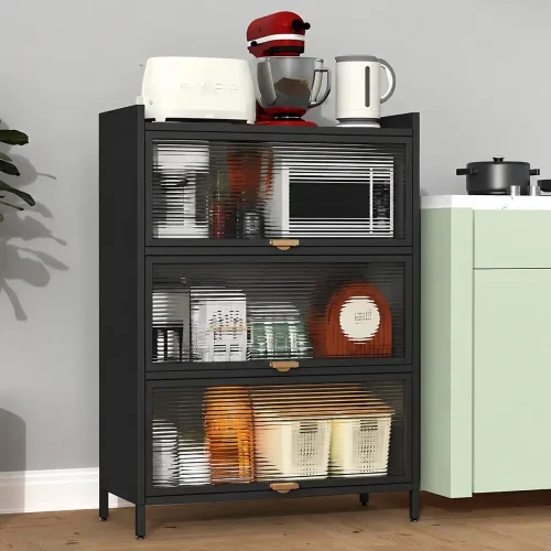 3-DOOR KITCHEN STORAGE CABINET WITH LID – GREY METAL CABINET FOR ORGANIZED KITCHEN STORAGE – 60CM x 35CM x 115CM BLACK