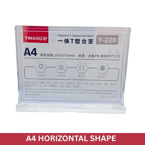 Buy A4 horizontal acrylic sign holder with a stable T-shape base – perfect for QR code displays, menus, price lists, and notices. Best quality display stand in Sri Lanka from racks.lk with islandwide delivery.