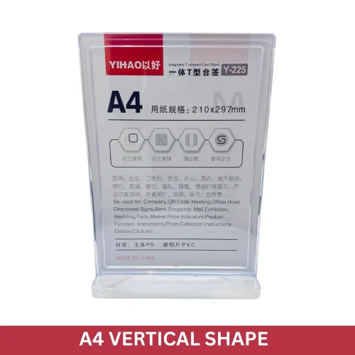 A4 sign holder, vertical display frame, T stand sign holder, menu stand A4, QR code holder, clear acrylic sign frame, table top sign display, countertop signage holder, plastic display stand, retail counter sign frame