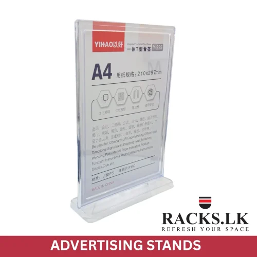 A4 sign holder, vertical display frame, T stand sign holder, menu stand A4, QR code holder, clear acrylic sign frame, table top sign display, countertop signage holder, plastic display stand, retail counter sign frame
