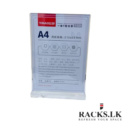A4 sign holder, vertical display frame, T stand sign holder, menu stand A4, QR code holder, clear acrylic sign frame, table top sign display, countertop signage holder, plastic display stand, retail counter sign frame