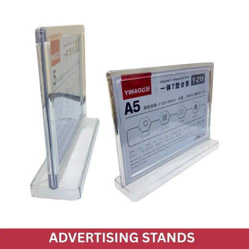 A5 acrylic sign holder, horizontal T-shape display, QR code frame, table sign holder, acrylic display frame, double sided menu stand, plastic brochure holder, desk display frame, retail counter sign, menu stand