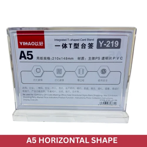 A5 acrylic sign holder, horizontal T-shape display, QR code frame, table sign holder, acrylic display frame, double sided menu stand, plastic brochure holder, desk display frame, retail counter sign, menu stand