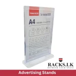A5 sign stand, acrylic sign holder, menu display holder, clear display stand, QR code stand, flyer holder, sign holder Sri Lanka, racks.lk