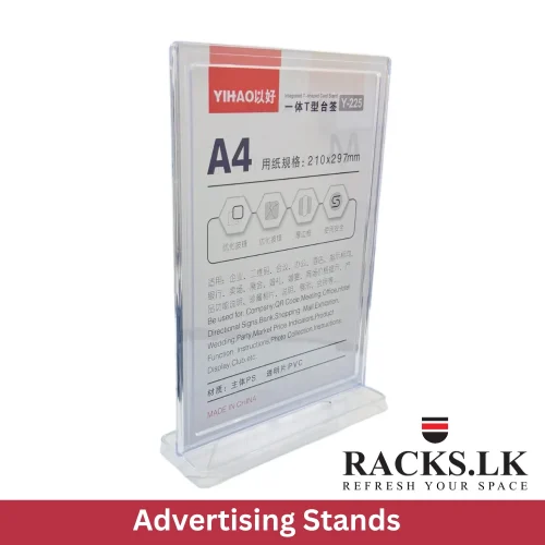 A5 sign stand, acrylic sign holder, menu display holder, clear display stand, QR code stand, flyer holder, sign holder Sri Lanka, racks.lk