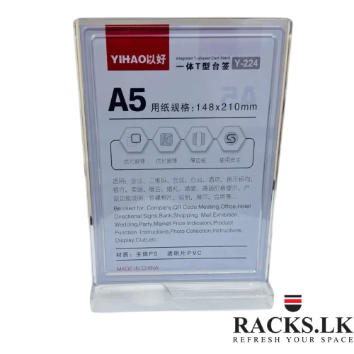 A5 sign stand, acrylic sign holder, menu display holder, clear display stand, QR code stand, flyer holder, sign holder Sri Lanka, racks.lk