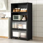 4 DOOR KITCHEN CABINET – BLACK STORAGE CUPBOARD WITH SHELVES – COMPACT CARBON STEEL RACK WITH ACRYLIC DOORS - 60CM x 33CM x 151CM