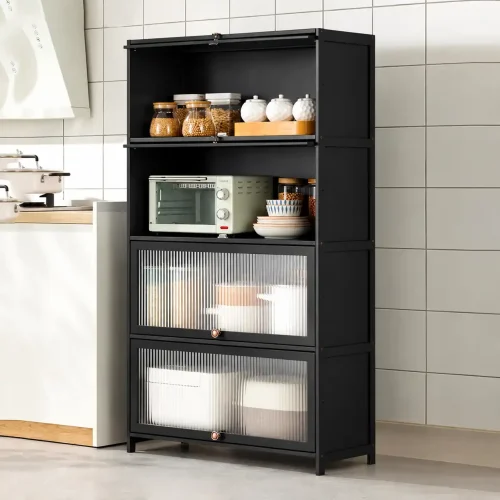 4 DOOR KITCHEN CABINET – BLACK STORAGE CUPBOARD WITH SHELVES – COMPACT CARBON STEEL RACK WITH ACRYLIC DOORS - 60CM x 33CM x 151CM