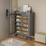 2-door shoe cabinet Sri Lanka, metal shoe rack with doors, grey shoe storage cupboard, steel shoe organizer, shoe cabinet with glass doors