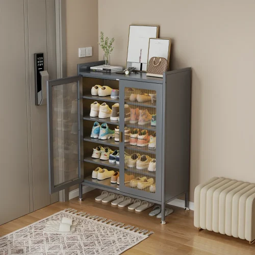 2-door shoe cabinet Sri Lanka, metal shoe rack with doors, grey shoe storage cupboard, steel shoe organizer, shoe cabinet with glass doors