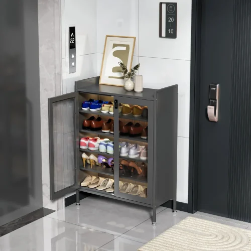2-door grey shoe cabinet in Sri Lanka, metal shoe cupboard Sri Lanka, grey shoe storage rack, glass door shoe cabinet Sri Lanka, shoe organizer with doors