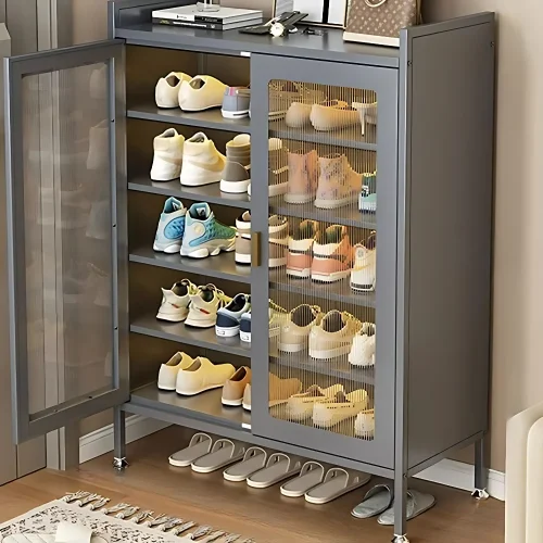 2-door shoe cabinet Sri Lanka, metal shoe rack with doors, grey shoe storage cupboard, steel shoe organizer, shoe cabinet with glass doors