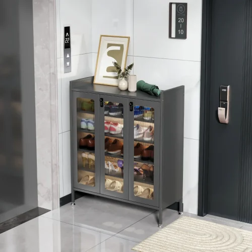 3-door grey shoe cabinet in Sri Lanka , 3-door shoe cabinet in Sri Lanka, grey shoe cupboard Sri Lanka, metal shoe rack 6 tier, glass door shoe organizer Sri Lanka